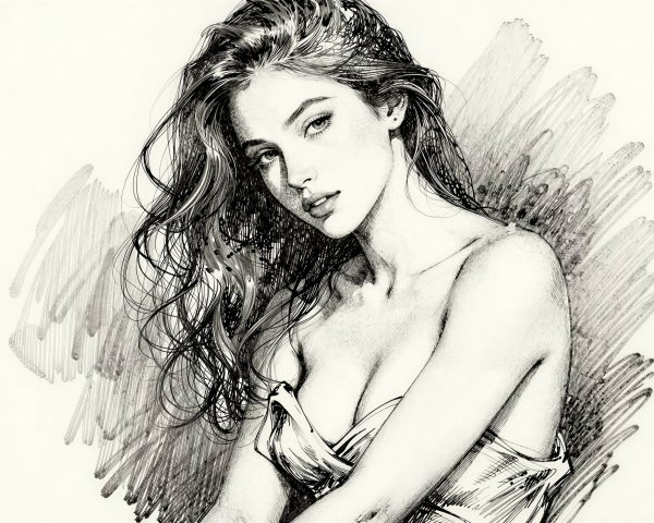 Black and White Pen and Ink Sketch of a Young Woman
