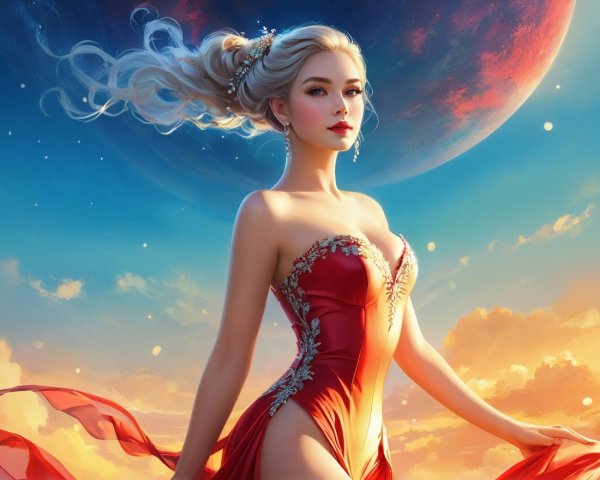 Elegant Figure in Red Gown Against Cosmic Background