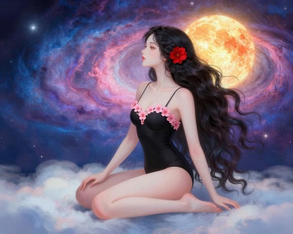 Fantasy goddess on cloud with nebula and full moon