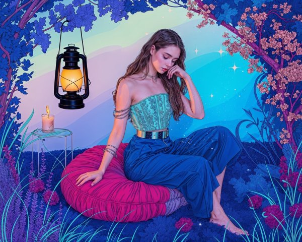 Young woman in colorful landscape with lantern and stars