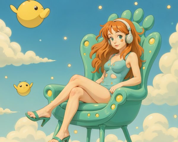 Whimsical Scene of Girl in Teal Chair with Creatures