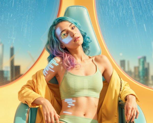 Futuristic Scene of Woman with Pastel Hair and Skyline