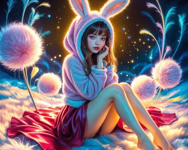 Girl in pink bunny hoodie in a magical environment