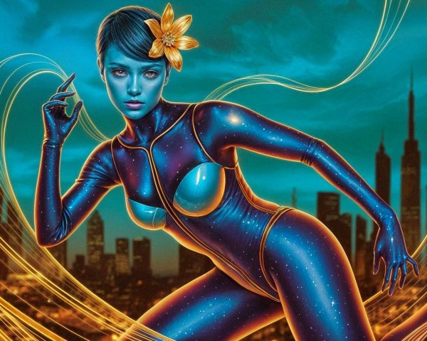 Futuristic Figure in Starry Bodysuit Against Skyline