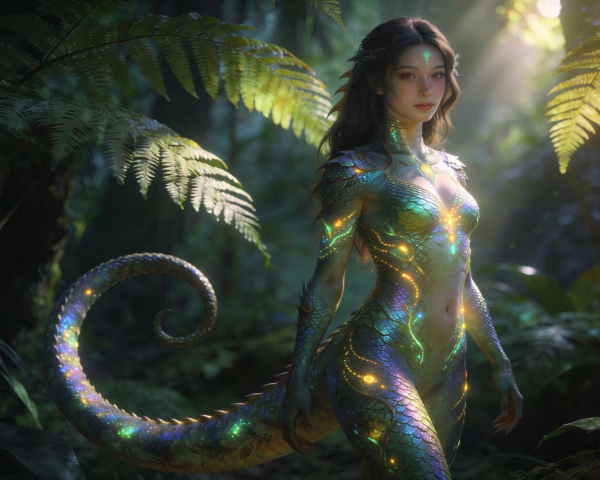 Lifelike digital painting of a reptile woman in jungle