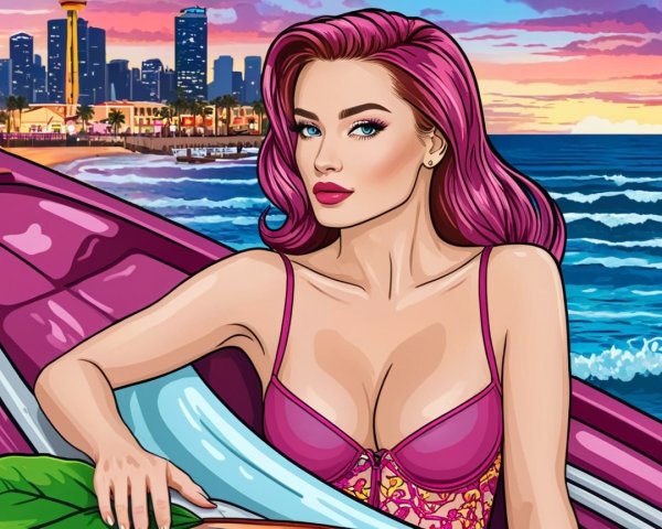Glamorous Woman with Pink Hair by Ocean Sunset