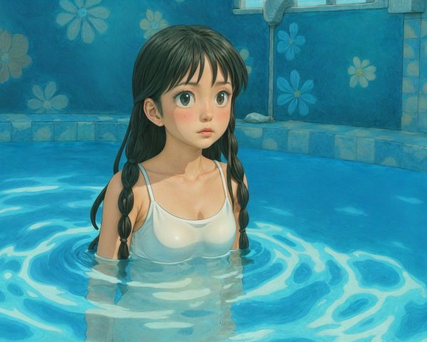 Girl in Blue Pool with Floral Background and Braids