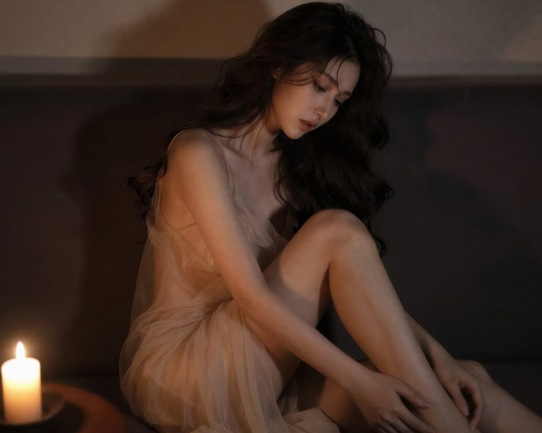 Young Woman in Transparent Peach Negligee with Candle