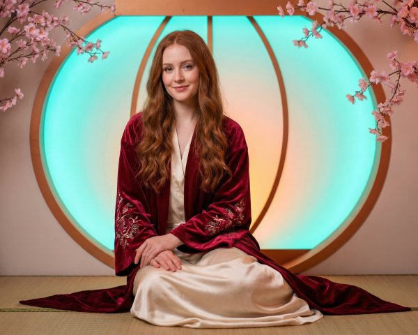 Red-haired woman in velvet kimono on tatami mat