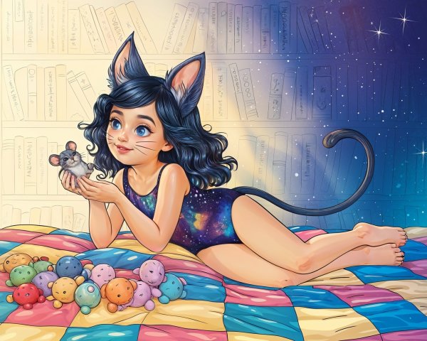 Whimsical Illustration of Girl with Cat Ears and Toys