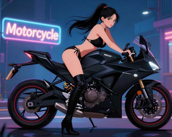 Anime girl in black bikini by motorcycle at night