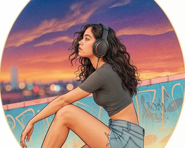 Young woman on rooftop at sunset with headphones