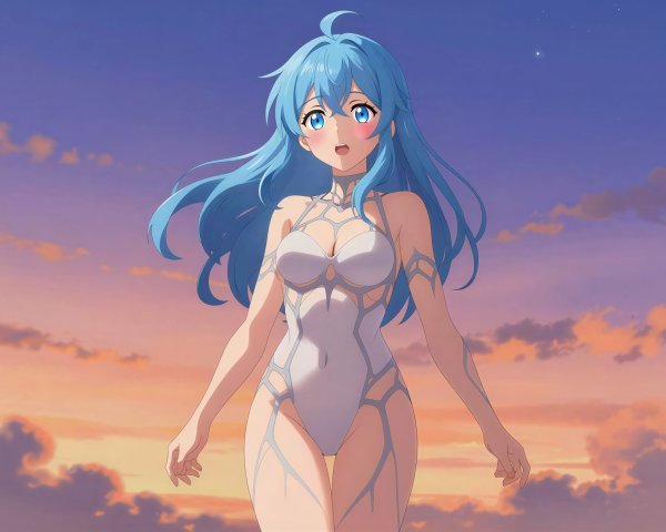 Anime Character with Blue Hair and Eyes at Twilight