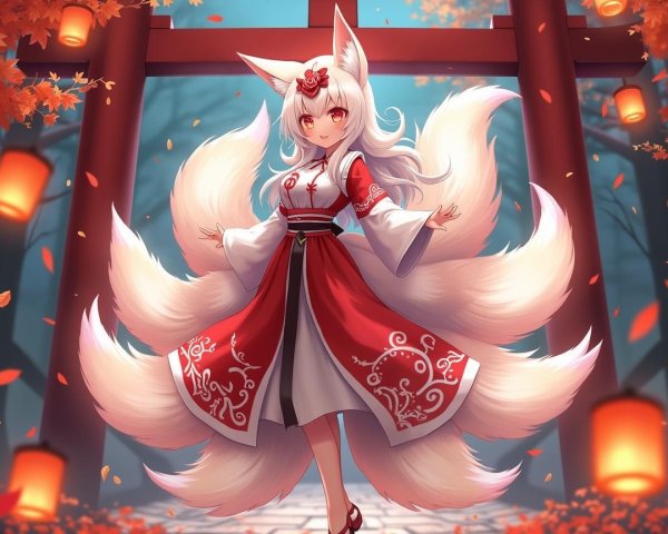 Majestic fox spirit in traditional kimono in serene landscape