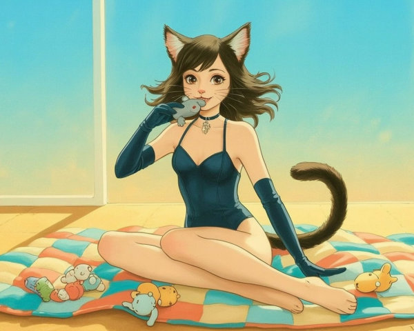 Whimsical Scene of Young Woman with Cat Features