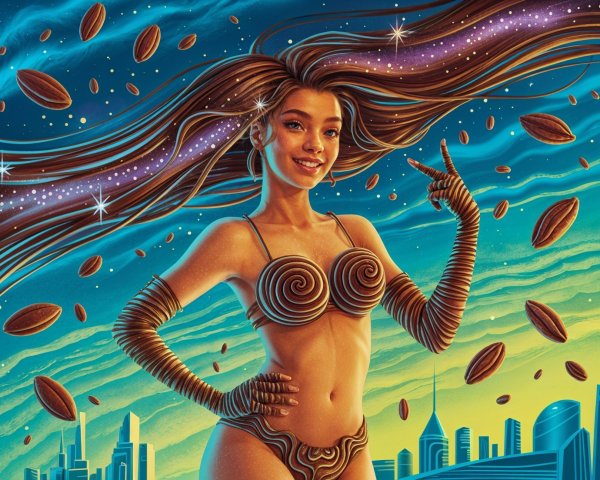 Whimsical Scene of Woman with Starry Hair and Cocoa Beans