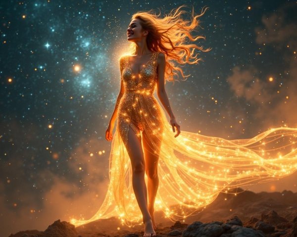 Luminous figure in a starry cosmic landscape