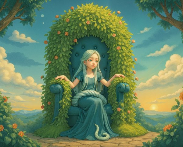 Serene Young Girl on Throne Surrounded by Nature