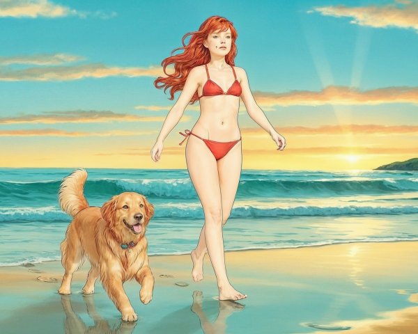 Woman with Red Hair and Dog on Sunlit Beach