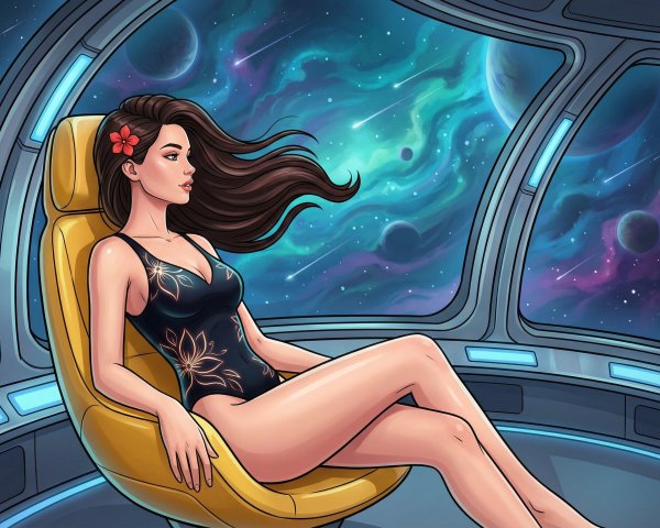 Woman in Floral Swimsuit in Futuristic Chair by Window