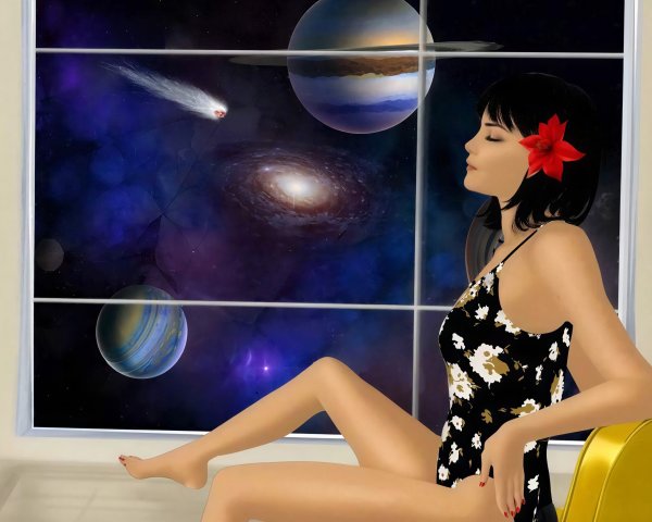 Digital painting of a woman by a galaxy window