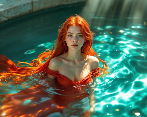 Young woman in orange dress by turquoise pool