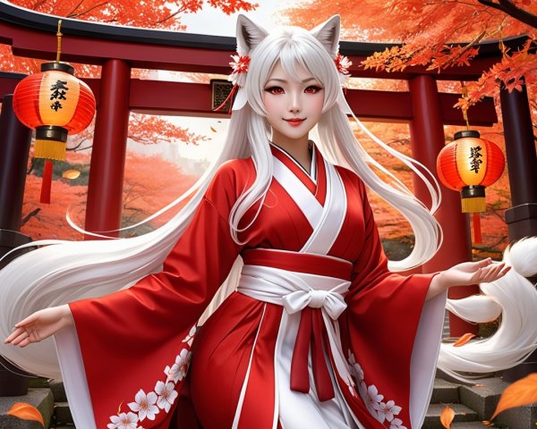 Graceful Figure in Red Kimono Among Autumn Foliage