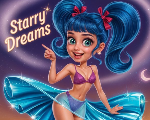 Cheerful animated girl with blue hair in night sky