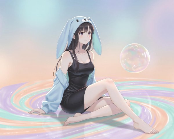 Anime Girl in Bunny Hat on Pastel Swirl Background
