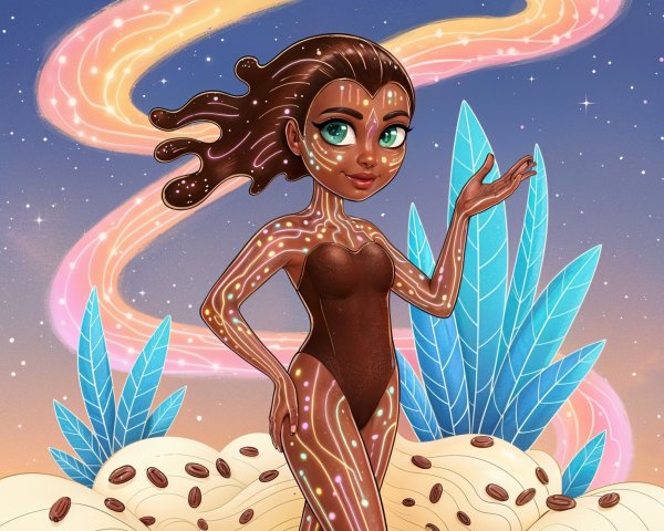 Whimsical Character with Glowing Patterns and Clouds
