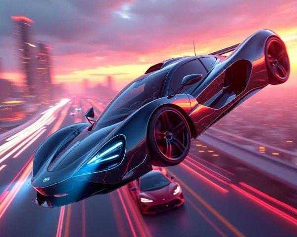 Futuristic Sports Car Over City at Dusk
