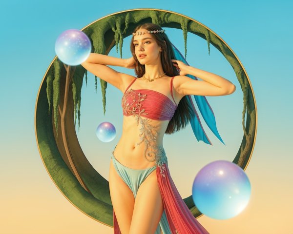 Surreal Figure in Vibrant Outfit with Dreamy Backdrop