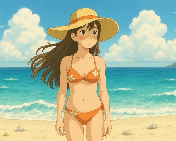 Young Woman in Orange Bikini on Sandy Beach