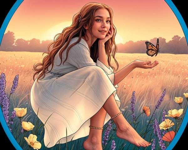 Young Woman in White Dress Surrounded by Wildflowers