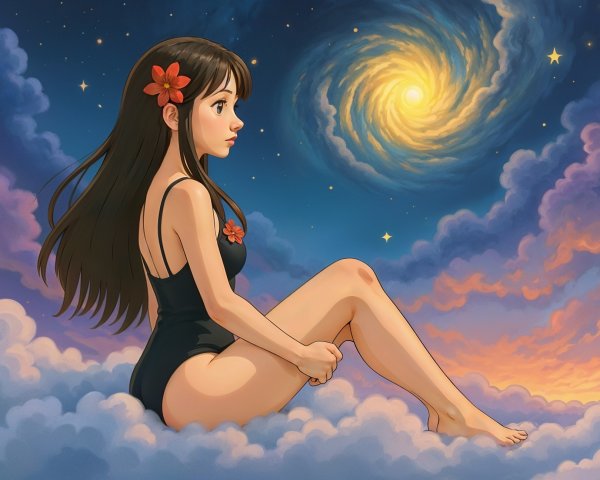 Young girl on cloud in vibrant night sky scene