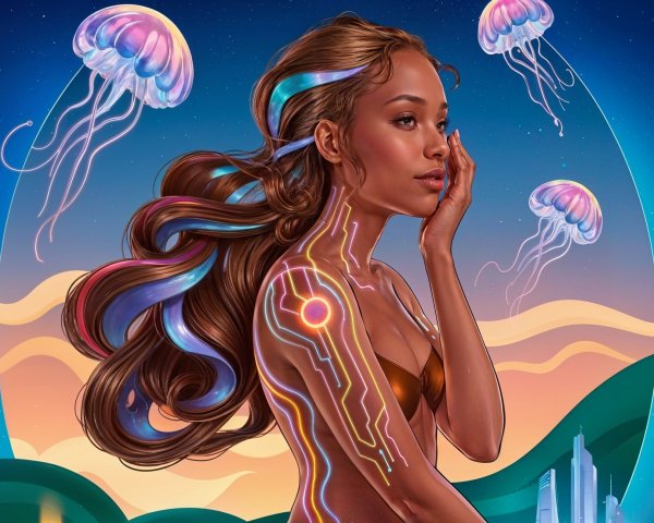 Futuristic Woman with Glowing Hair and Jellyfish Scene