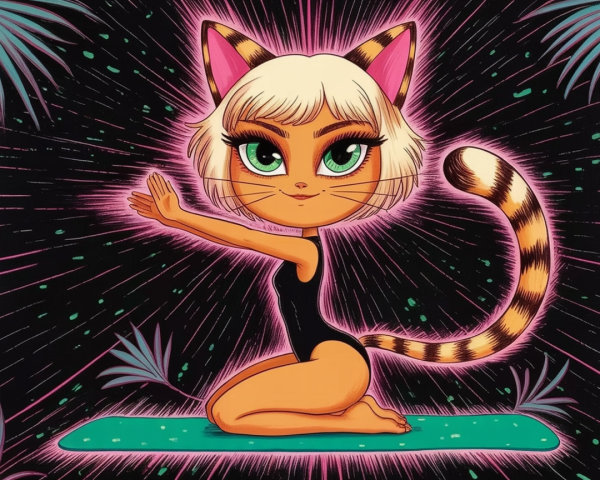 Whimsical Cartoon Character in Yoga Pose with Cat Features