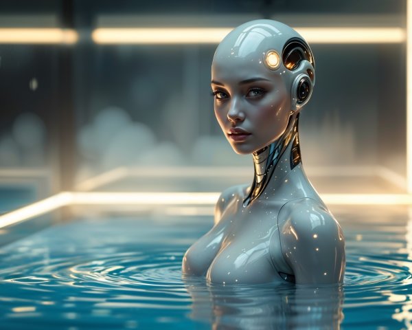 Futuristic Humanoid Robot in Water with Ambient Lighting