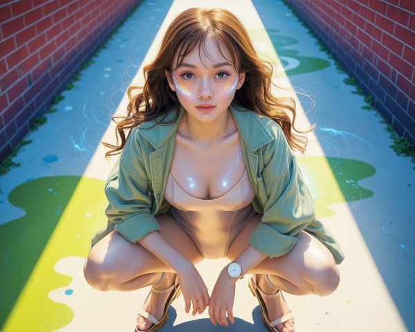 Woman in vibrant urban setting with playful aesthetic