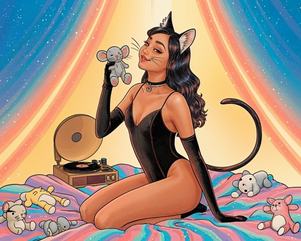 Playful Character in Black Cat Costume on Colorful Blanket