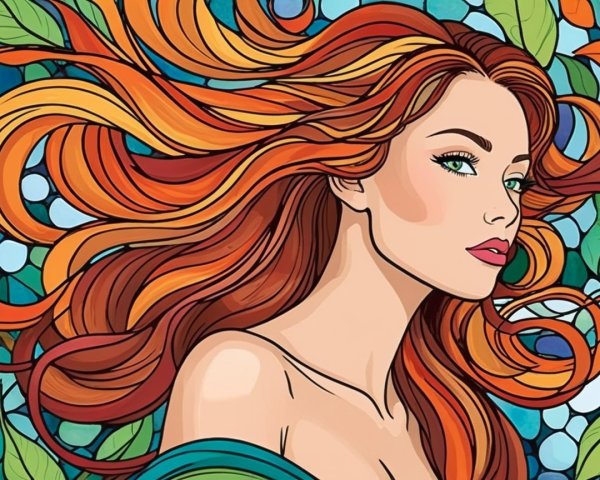 Stylized Woman with Vibrant Hair and Nature Elements