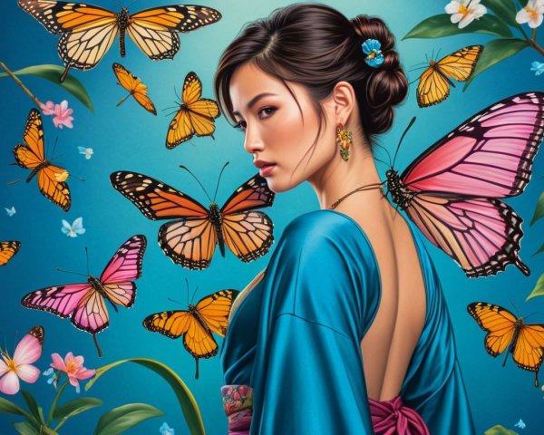 Woman in Blue Kimono Surrounded by Butterflies