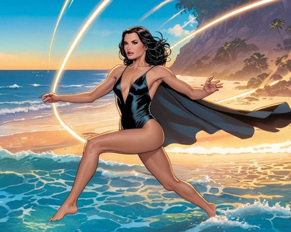 Superheroine in Black Swimsuit at Vibrant Beach Scene