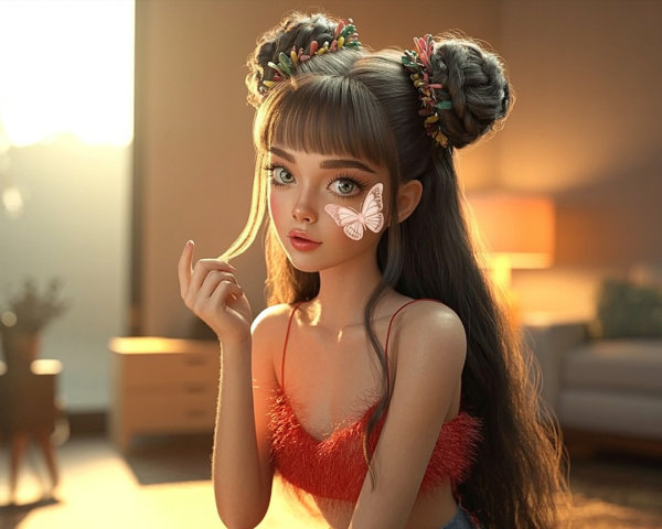 Young girl with colorful hair clips in cozy setting