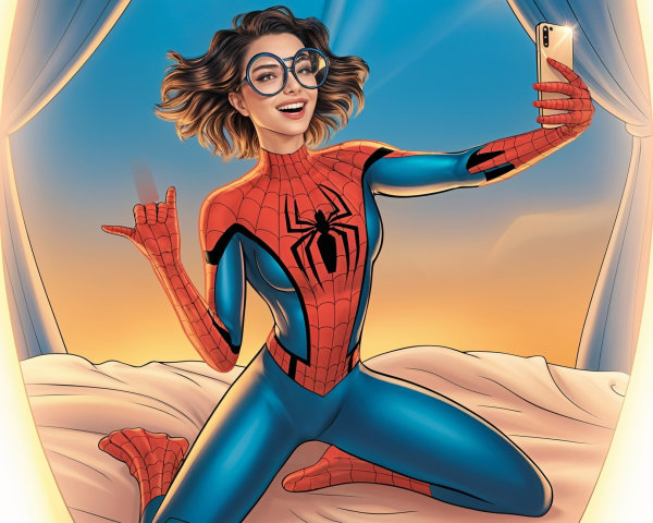 Cheerful Character in Colorful Spider-Man Suit Selfie