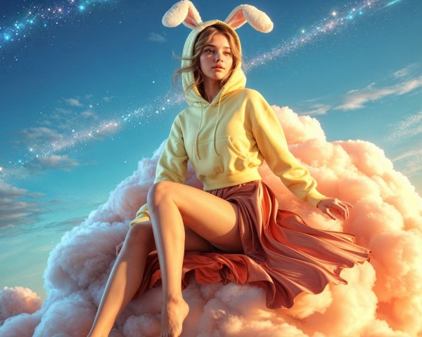 Young woman on pastel cloud in vibrant sky scene