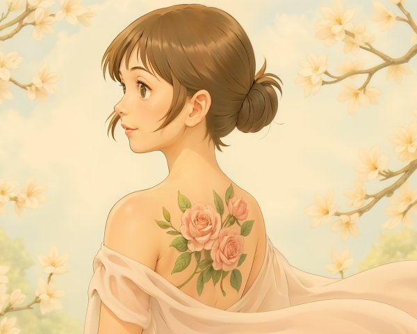 Young woman with rose tattoo in serene setting