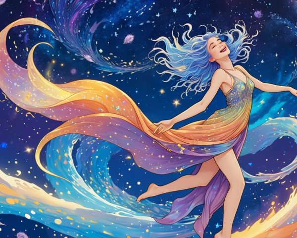 Whimsical Illustration of a Joyful Woman in Cosmic Colors