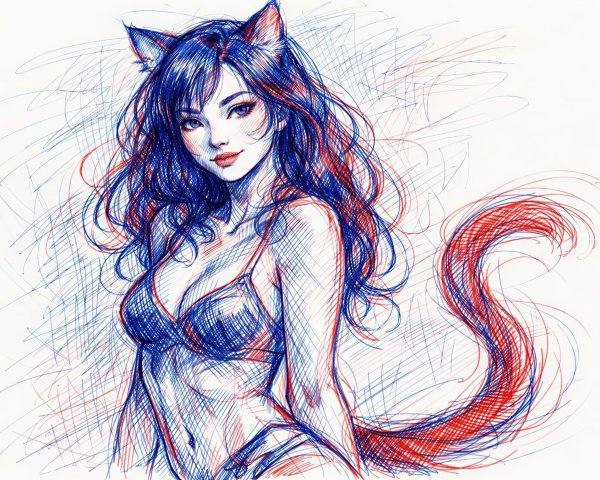 Anthropomorphic Cat Girl Sketch with Dark Blue Hair