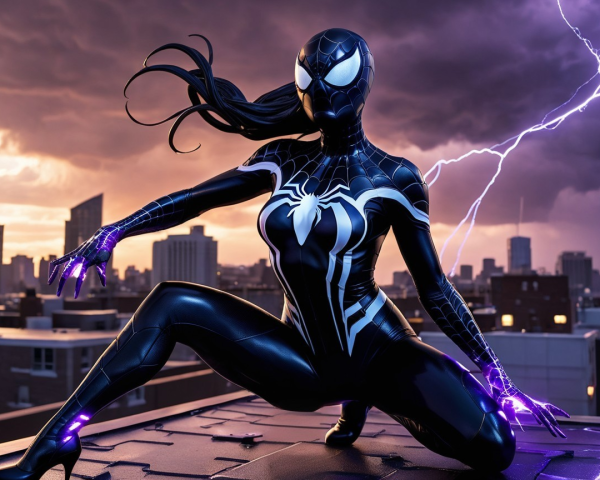 Spider-Woman in Symbiote Suit on Rooftop with Lightning